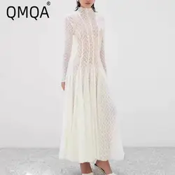 QMQA Fashion Women's Elegant Evening Dress O Neck Lace Patchwork Waist Long Sleeve Slimming Party Dresses 2025 Spring New QM235
