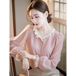 New Unique and Beautiful Top with a Light Luxury and High-end Feel French Temperament Commuting Pink Long Sleeved Shirt For