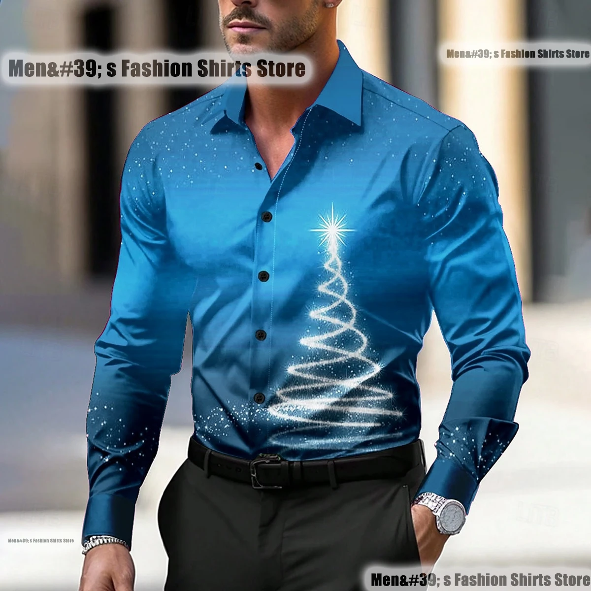 Christmas men's Christmas tree printed shirt shiny casual lapel button long -sleeved shirt new year party 6xl autumn