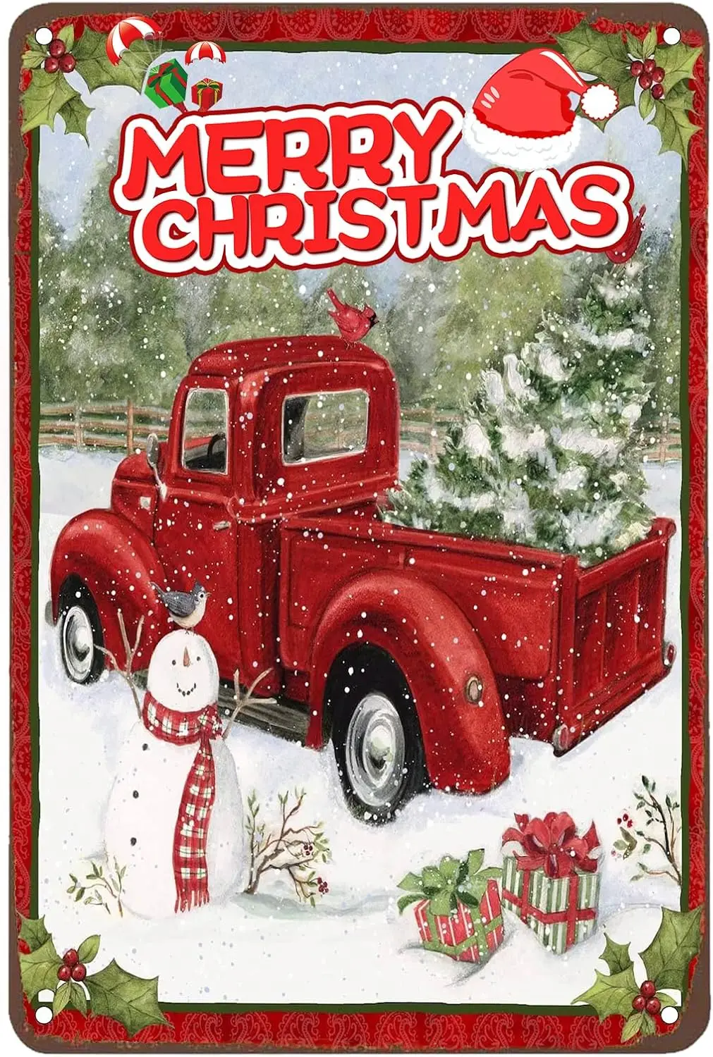 Christmas Metal Tin Sign Vintage Christmas Red Truck Wall Sign Retro Merry Christmas Tree Metal Plaque Sign Snowman Decorations