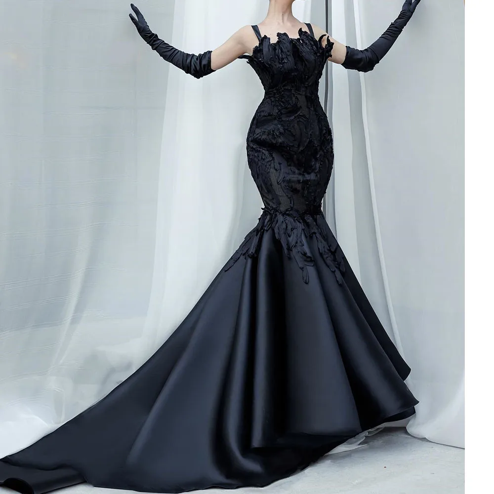 

High Quality Satin Mermaid Spaghetti Straps Evening Dress Exquisite Floor Length Strapless فساتين سهره نسائيه فخمة