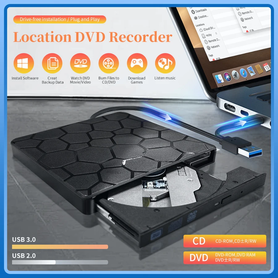 2 in 1 External DVD RW Drive USB 3.0 Type C Interface Slim DVD CD Writer Burner Reader Player Optical Drive For Laptop Notebook
