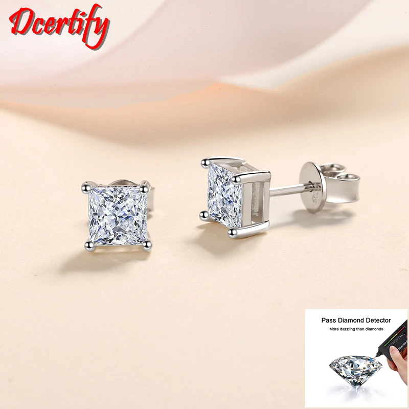 White Gold 10K Ring Women Certified 0.6-2CT Princess Cut Moissanite Stud Earrings Women Party Ear Jewelry Popular Anniversary