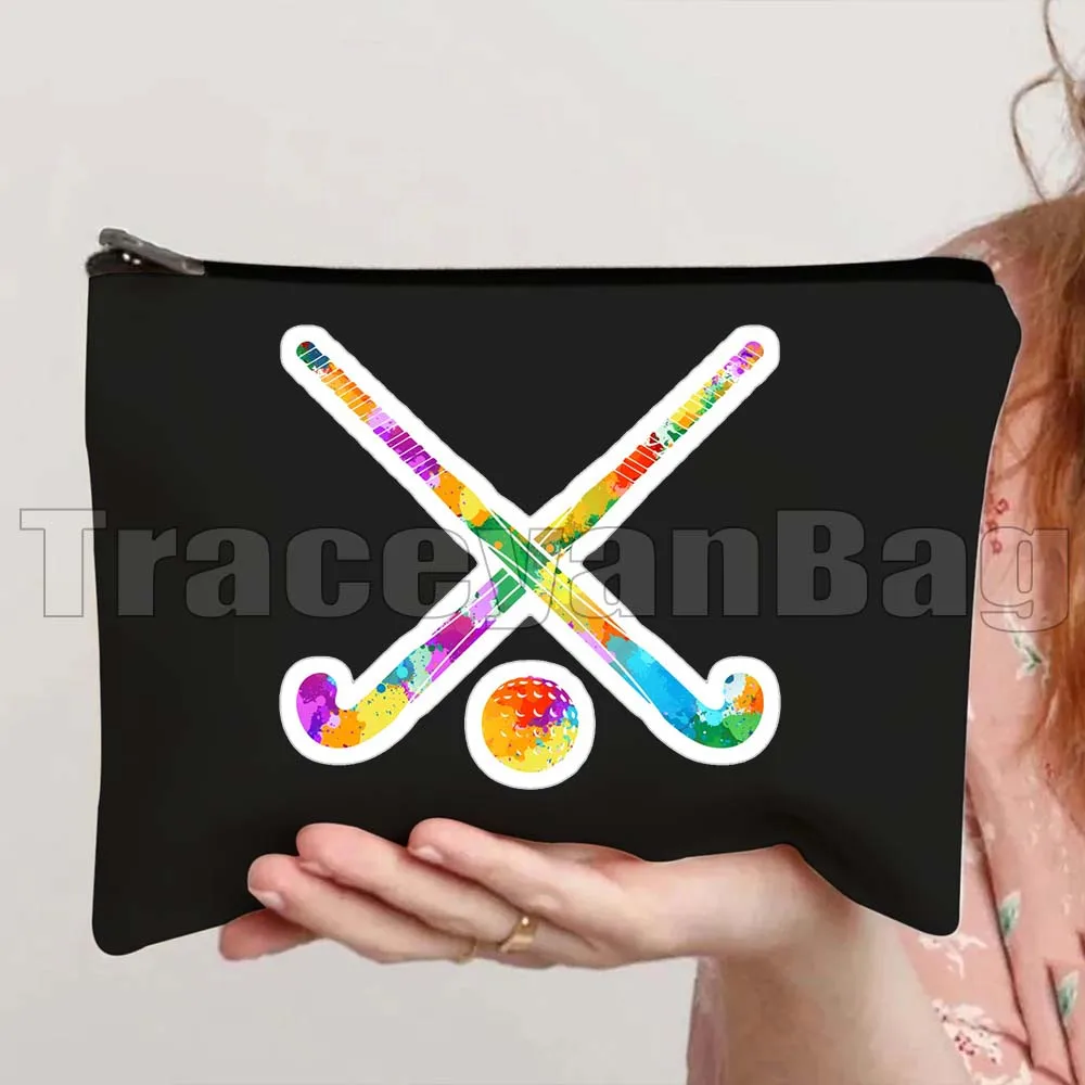 女の子のための水彩キャンバス化粧品バッグ,カラフル,フィールドホッケープレーヤー,旅行,メイクアップ,トイレバッグ,ペンシルケース,ポーチ,ギフト