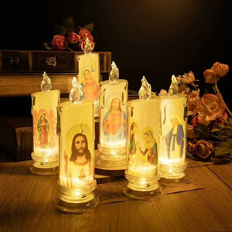 Flameless LED Prayer Candle with Jesus & Virgin Mary - Decorative Religious Night Light for Home Altar or Gift view 3