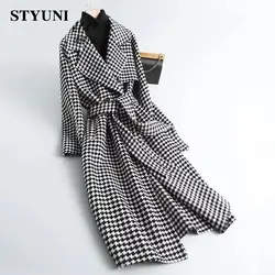 Houndstooth Plaid Vintage Long Sleeve Lace Up With Belt Women's Jacket Outercoat Korean Fashion Jackets Coat For Women Winter