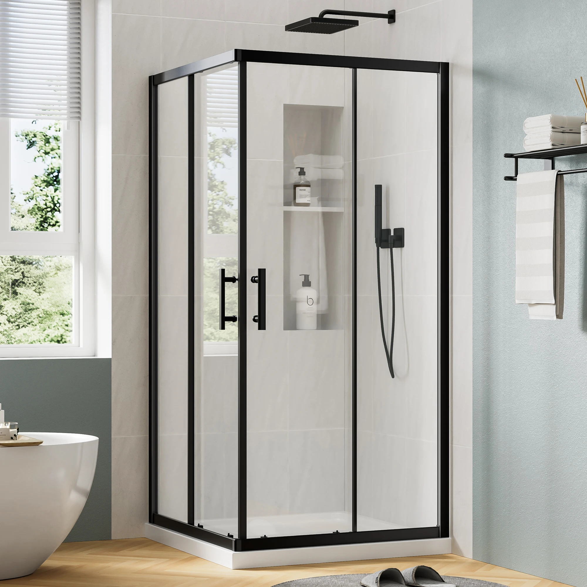 

35" W x 72" H Matte Black Frameless Sliding Shower Door, 1/4" (6mm) SGCC Tempered Glass with Anti-Explosion Film, Square Corner Shower Enclosure with 20mm Adjustable Width