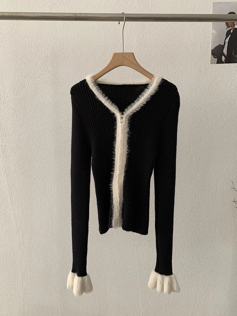 شيك تقسم طويلة الأكمام المرأة تريكو 2025 الخريف المرأة الخامس الرقبة سليم صالح سترة مشغولة من الصوف تنوعا الرجعية سستة سترة #5