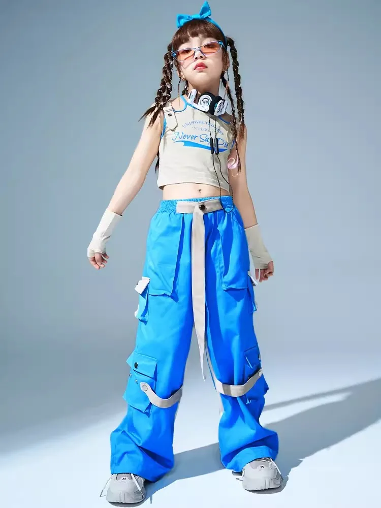 Disfraz de Jazz para niña, Ropa de baile de Hip Hop, Tops cortos, pantalones Cargo azules, traje de actuación para baile callejero, ropa de concierto BL10996