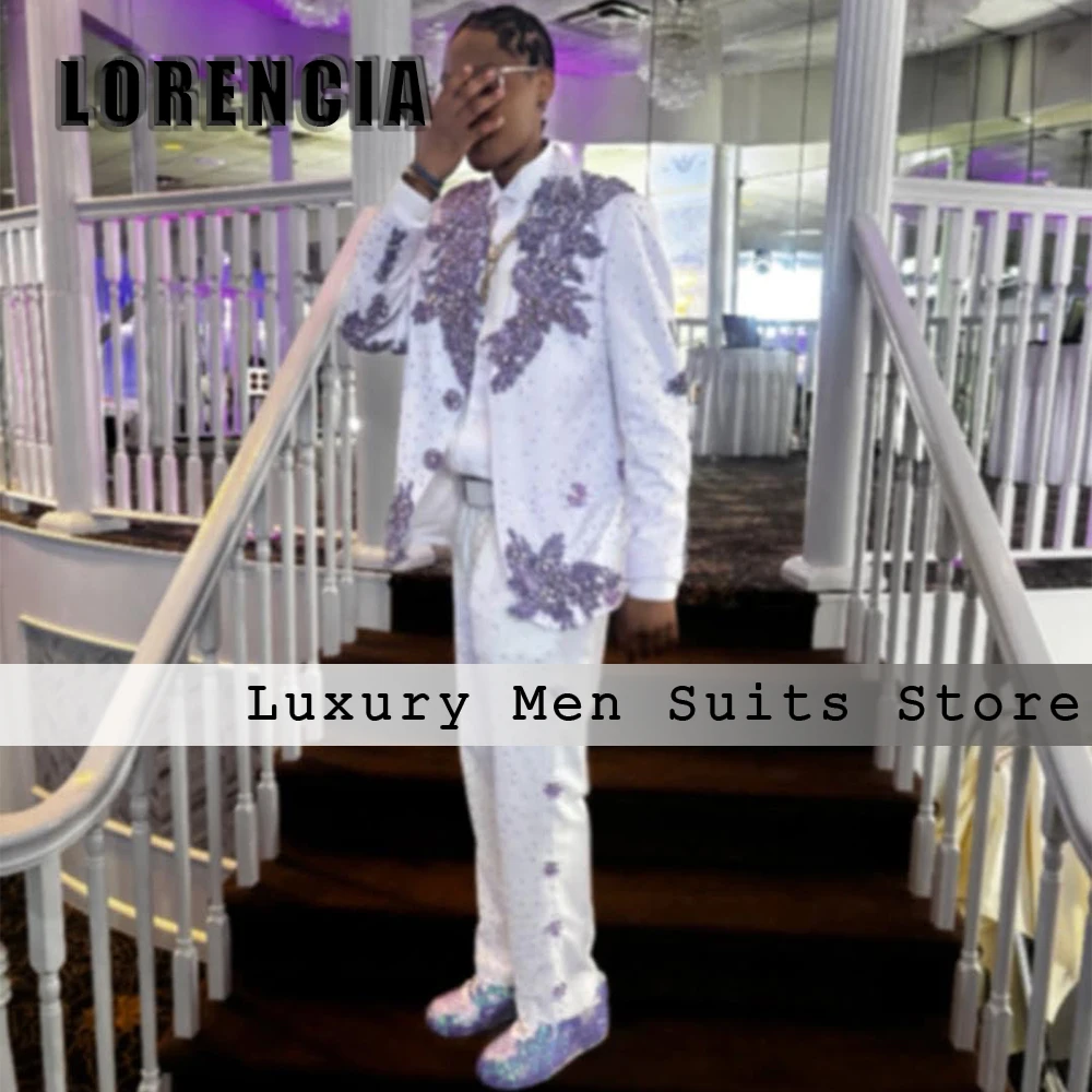 Luxury Crystal Suits for Male 2 Pieces Single Breasted Tuxedos Wedding Outfits Customized Blazer Pants jaqueta masculina couro
