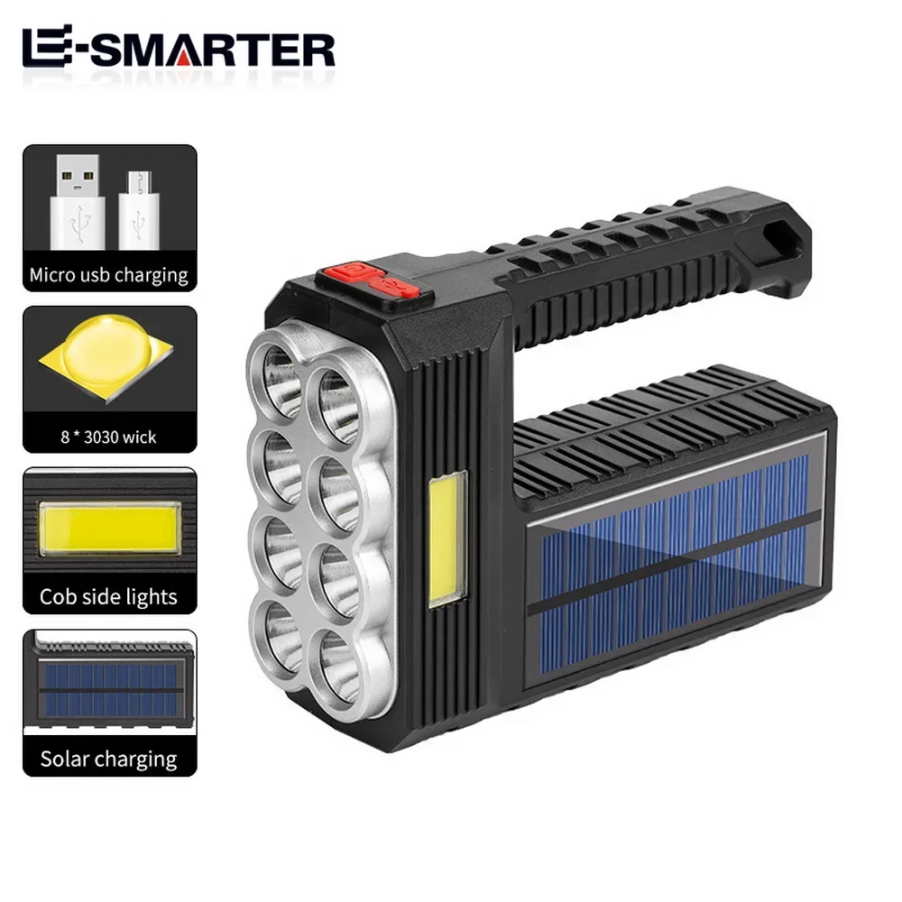 كشاف للتخييم في الهواء الطلق 8 مصابيح LED شحن بالطاقة الشمسية مصباح يدوي محمول شحن USB مصباح محمول 4 أوضاع إضاءة مشرقة