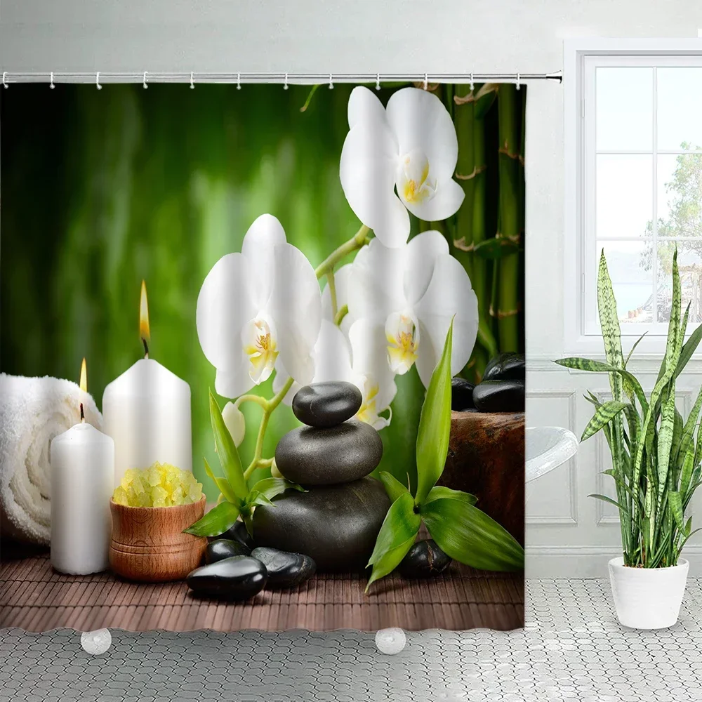 Pink Flower Stone Green Bamboo Zen Shower Curtains White Orchid Candle Spa Japanese Garden Landscape Bath Curtain Bathroom Decor