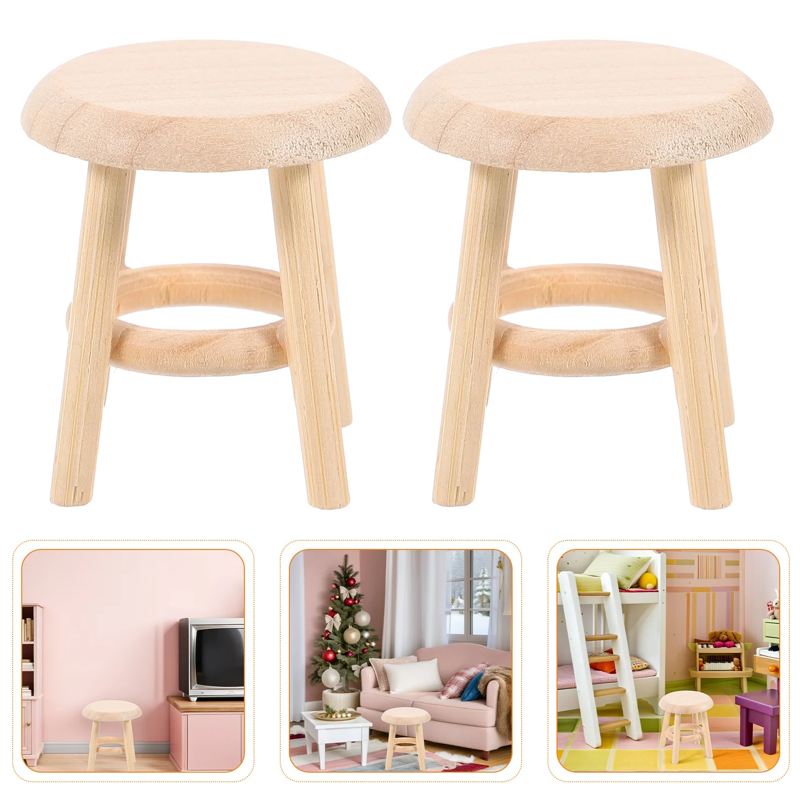 

2Pcs Mini Wooden Stool Chair Lightweight Natural Grain 1:12 Scale for Dollhouse Kitchen Bar Scene DIY Accessories