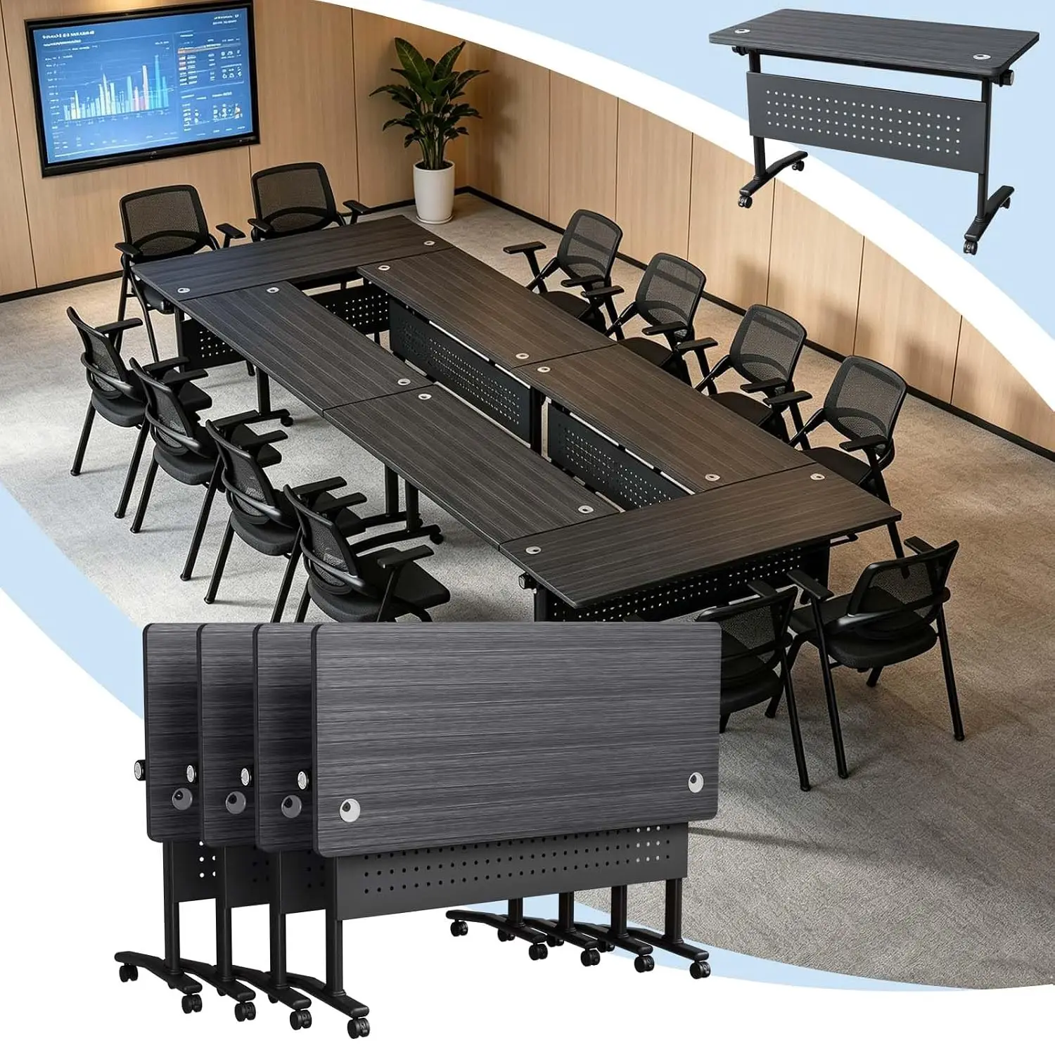 Folding Conference Table,Modular Conference Room Table with Wheels, Mobile Flip Top Training Table,Stackable Space-Saving Confer