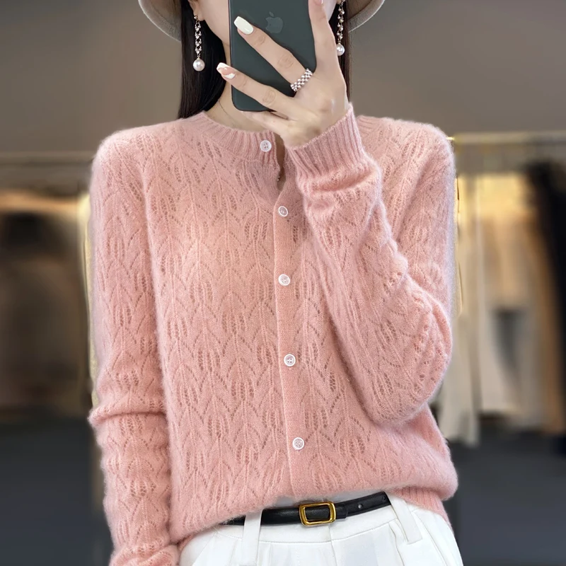 Spring and summer new 100% pure wool cardigan female leaves hollow knitting thin cardigan sweater fashion top