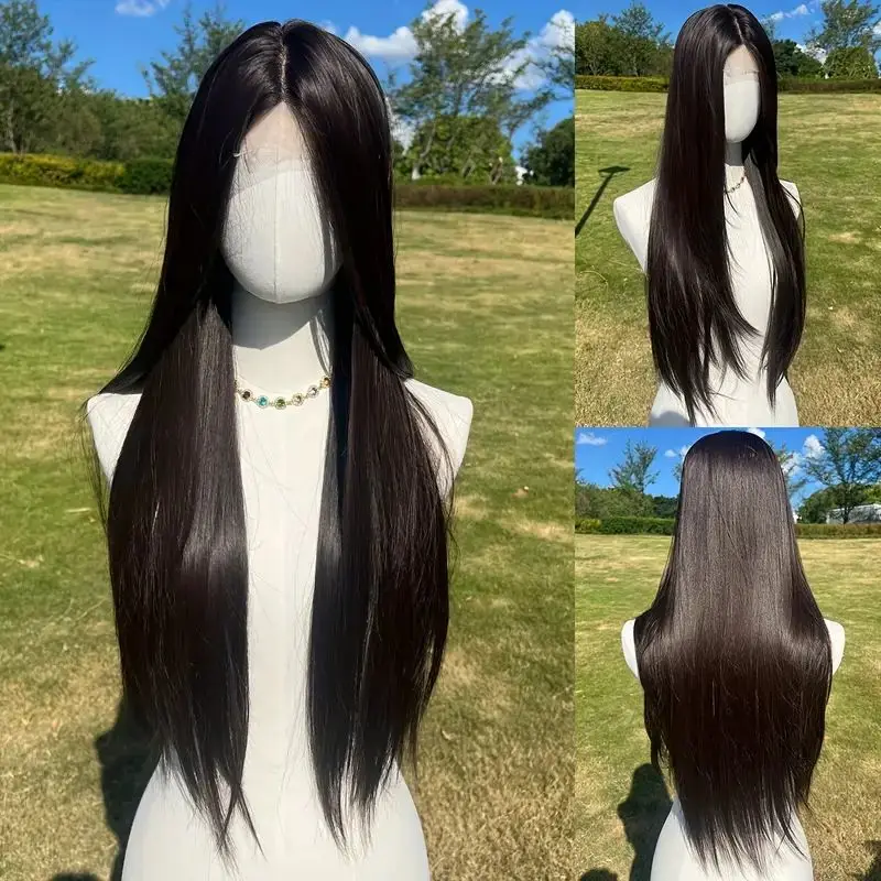 Synthetische Perücke für Frauen mit langen, glatten schwarzen Haaren, Lolita-Cosplay-Perücke für den täglichen Schulleben, hitzebeständiger Ganzkopf