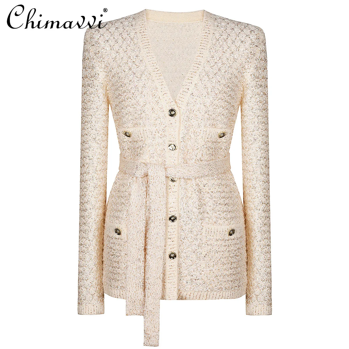 

2025 Spring and Autumn New High-end Fashion Long-sleeved Sequined Knitted Cardigan Elegant Commuter V-neck Cardigan Top Jacket