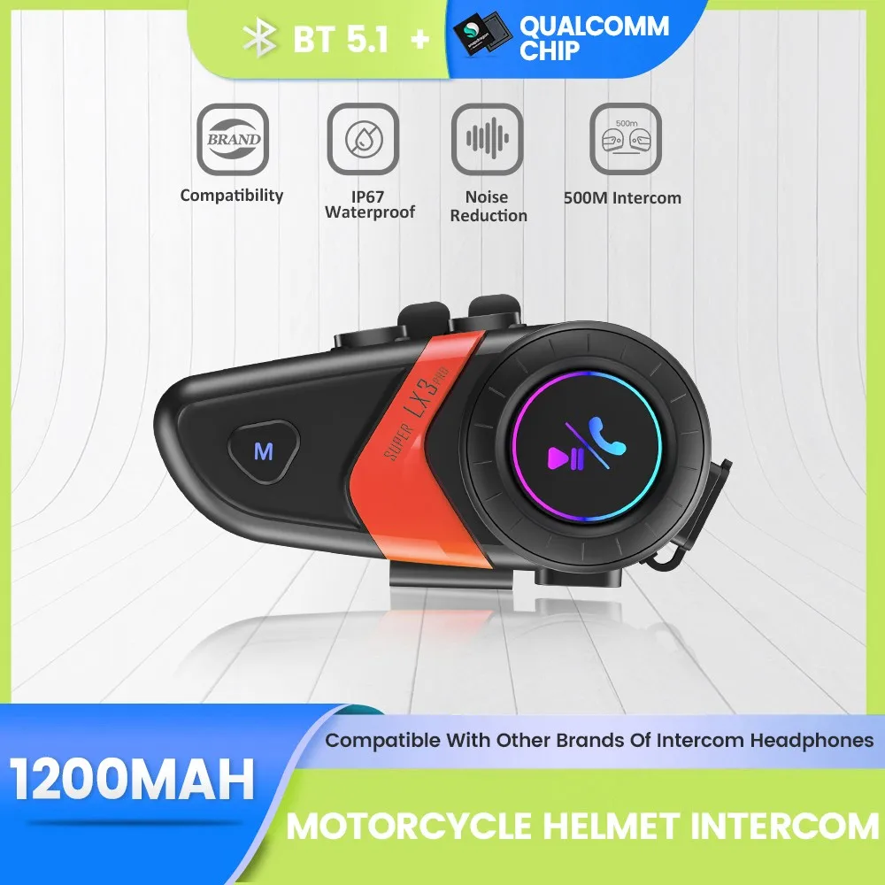 

LX3-Pro Motorcycle Helmet Headset 1200MAH BT5.1 Stereo Wireless Hands Free Call IP67 Waterproof Anti-Jamming with lighting mode