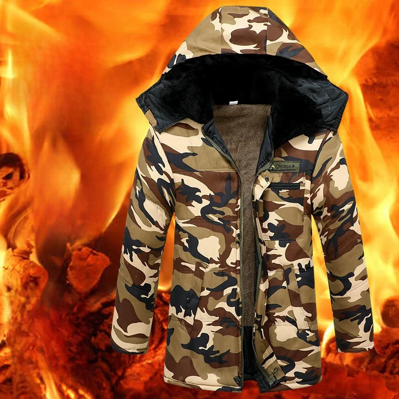 

Thiened Fce Camouflage Cotton Jaet with Hat for Men Winter Workwear Thermal Cold Proofing Suit with Pants for Construc...