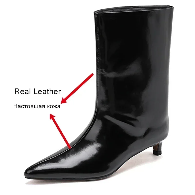 JOZHAMTA Size 34-43 Women Ankle Boots Real Leather Kitten Mid Heels Shoes 2025 Winter Ins Fashion Pointy Office Lady Daily Dress