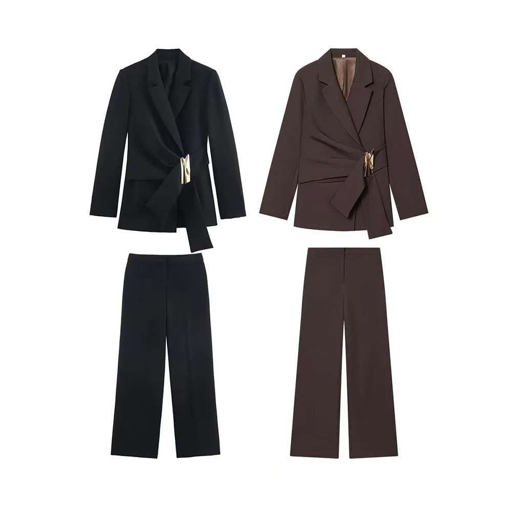 

Winter new women's fashion temperament buckle decoration suit jacket and high waisted straight leg pants