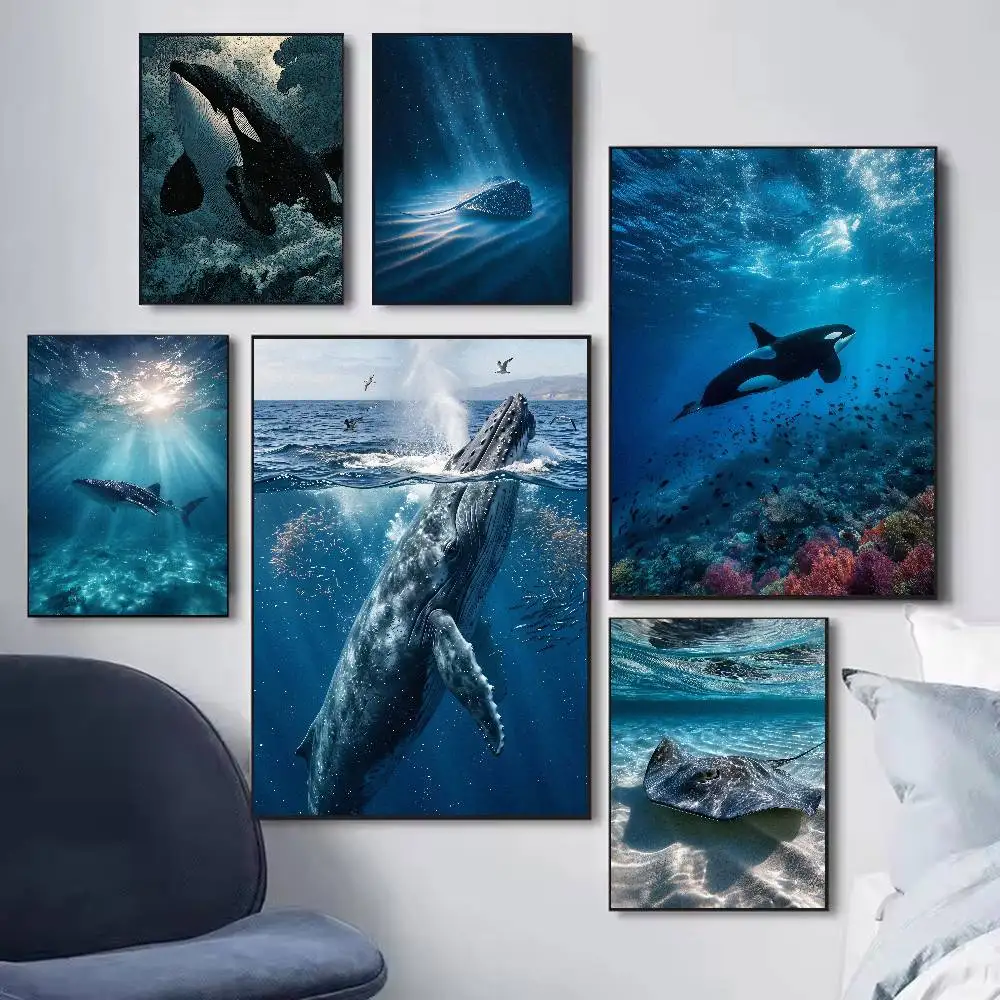 Underwater Ocean Animal Poster, Vintage Blue Deep Sea Wildlife Art Orca Shark Manta Ray Marine Creature Scenery Picture