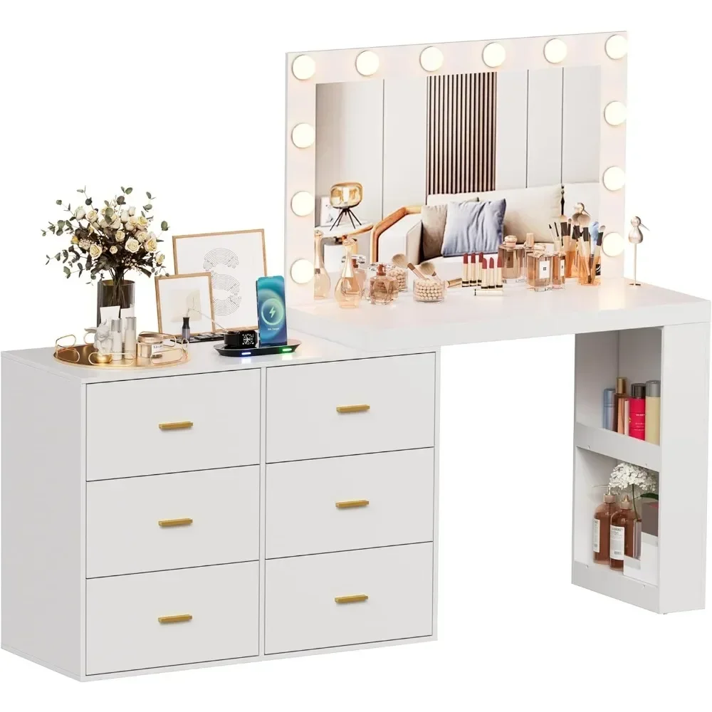 Makeup Vanity with Mirror and 3-Color Lights, Vanity Desk Dressing Table with Charging Station,Side 2 Storage Shelves .White