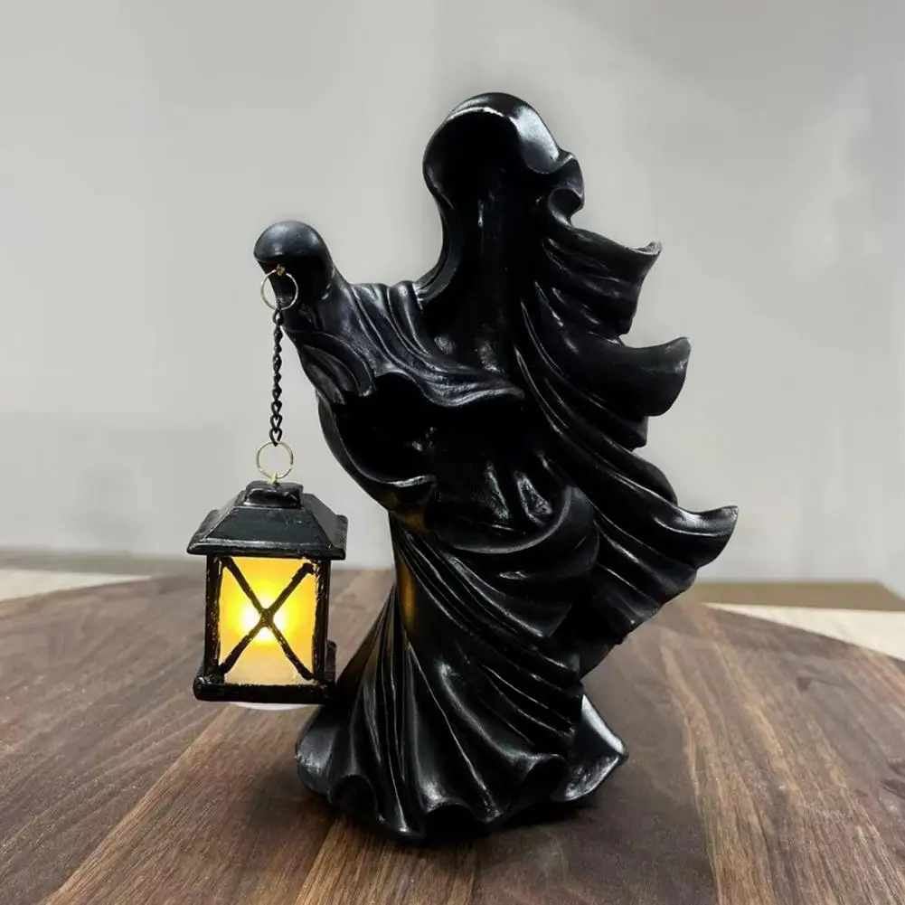 Home Balcony Windowsill Decor Halloween Ghost Messenger Resin Figurine Witch Lantern Candle Holder with Warm Glow Waterproof