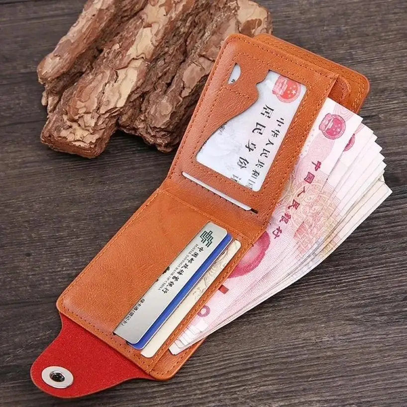 Nuevo europeo y americano vintage corto billetera de dólar de los hombres presionado hebilla magnética tres veces el dinero clip tarjeta bolsa cero billetera