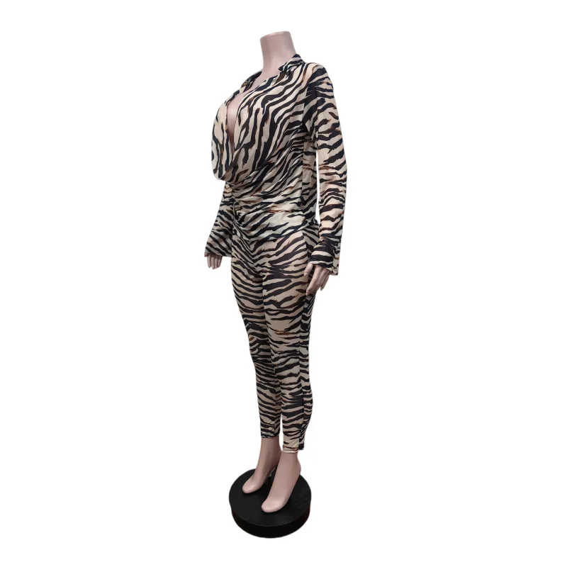 Zebra Print 2 Piece Outfits Women's Matching Sets Rave Festival Clothing Party Club Long Sleeve Ruched V-neck Top and Pants Set view 4