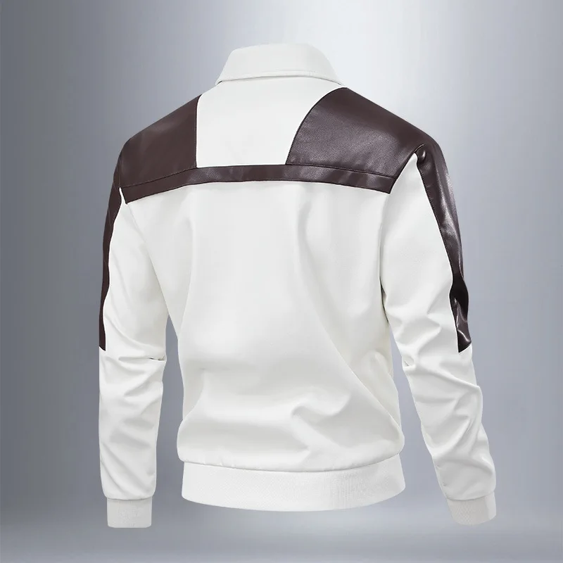 Autumn Men Leather Coat New Motorcycle Punk Contrast Color Patchwork Man Outerwear Turn Down Collar Long Sleeve Man Jacket