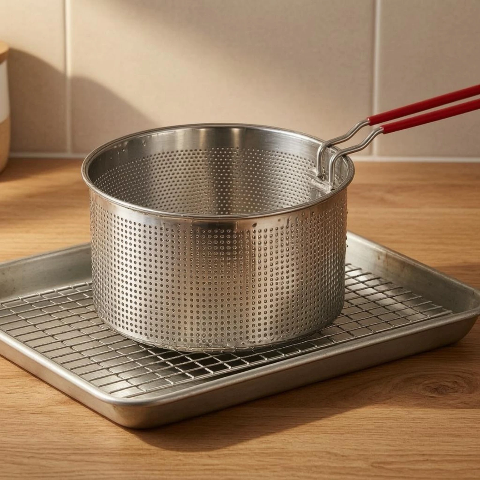 Stainless Steel Frying Basket Silicone-Coated Handle Perforated Frying Basket Open-Top