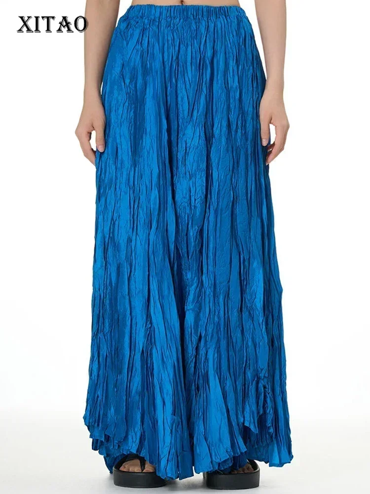

XITAO Solid Color Female Pleated Appear Thin Loose Casual Elastic Waist Skirt 2025 Women Summer All-match A-line Skirt DMJ1498