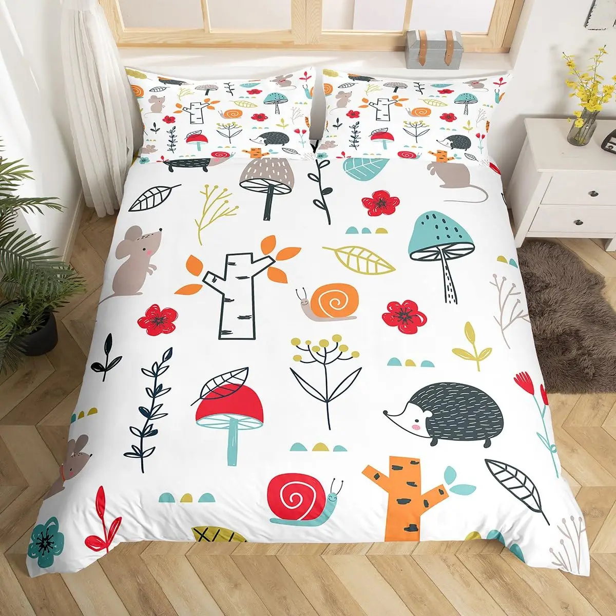 Cartoon Hedgehog Duvet Cover Queen Watercolor Tie-dye Boho Bedding Set,Wild Animals Flowers Comforter Cover Floral Quilt Cover