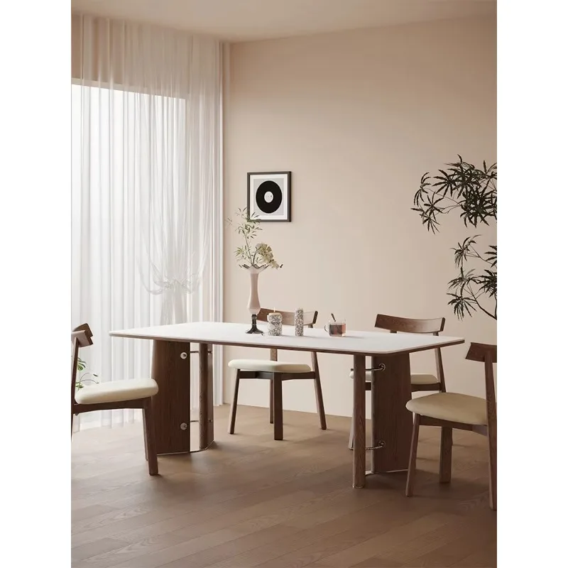 Minimalist Industrial Rectangular Dining Table, Black Sintered Stone Top With Solid Wood Pedestal Base, 6-Seater Kitchen Table