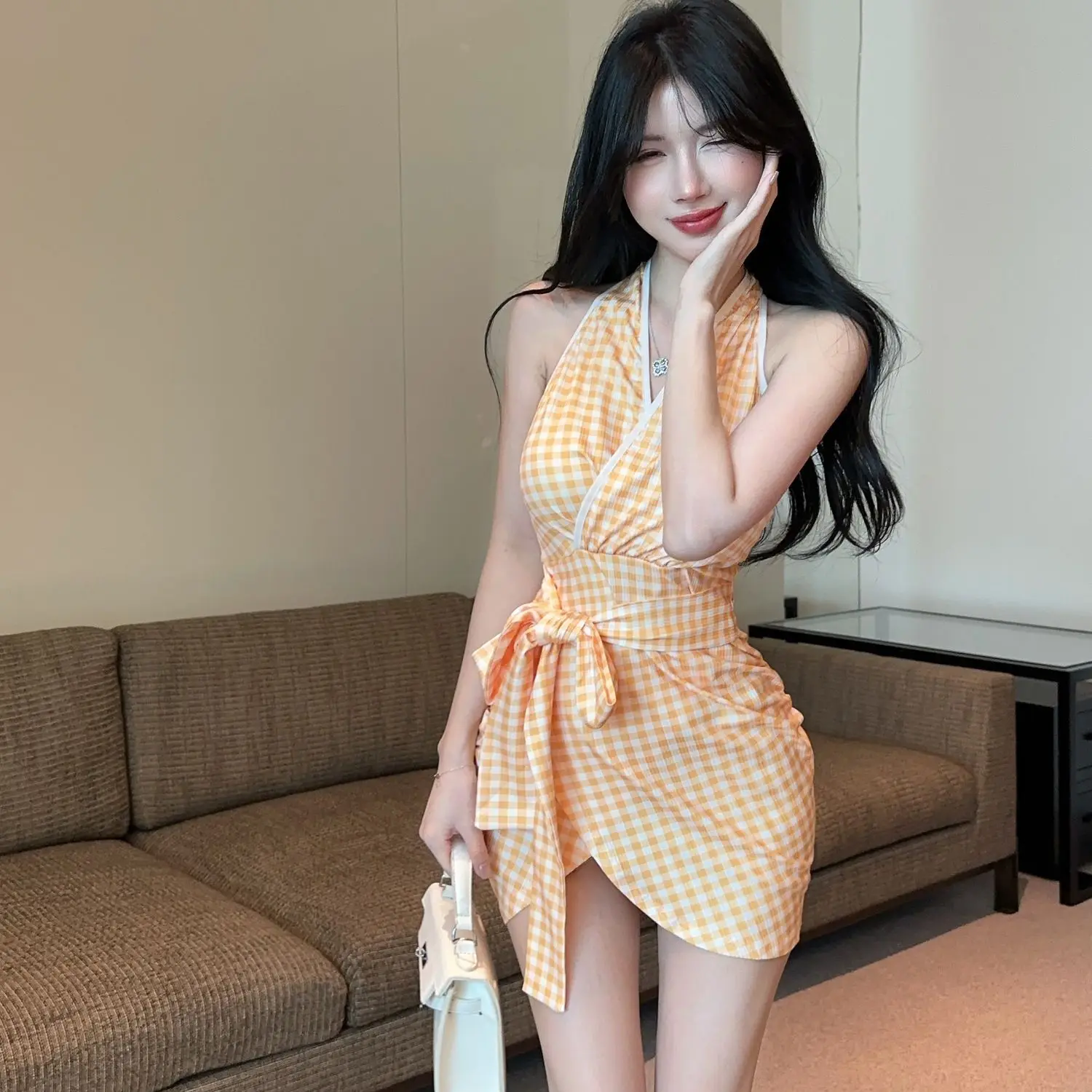 Sommer Halter Mini Kleid Frauen Plaid Ärmel Wrap Bodycon Fliege Taille Elegante Casual Backless Picknick Stil Outfit 2023 Neue