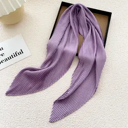 Square Scarf Silk Pleated Scarves Women Solid Color Hijabs Skinny Handkerchief Satin Crinkle Hair Scarf Decorative 70cm Bandana