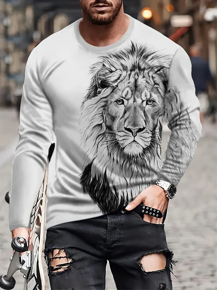 Painted Lion Pattern T Shirt Man Men Cool Animal 3D Printed Tees Summer Casual Long Sleeves O-Neck Tops Loose Streetwear T-Shirt