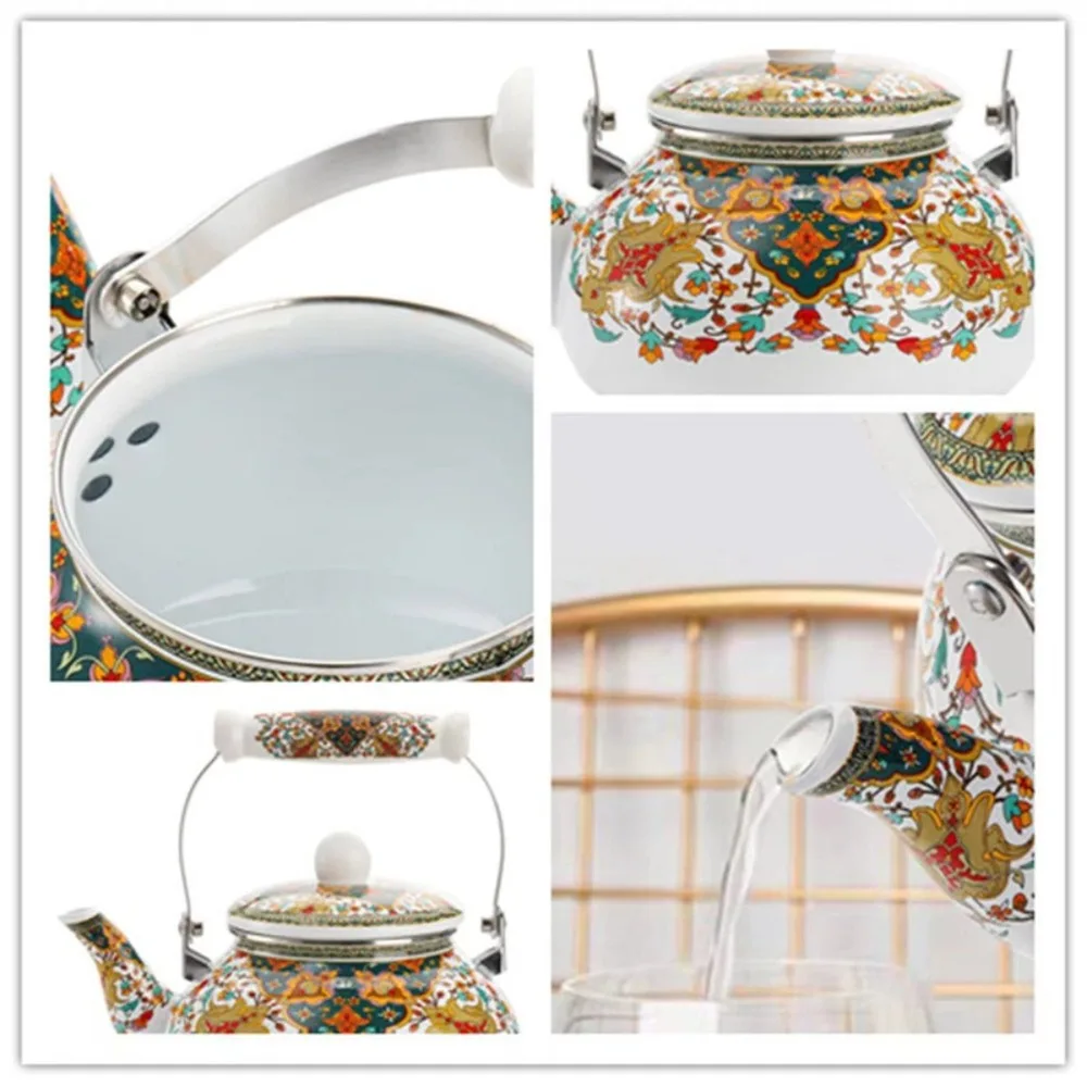 

Chinese Style Enamel Teapot 2.5L Floral Enameled Gas Water Kettle Pear-shaped Antiscald Handle Tea Jug Gas Induction Cooker