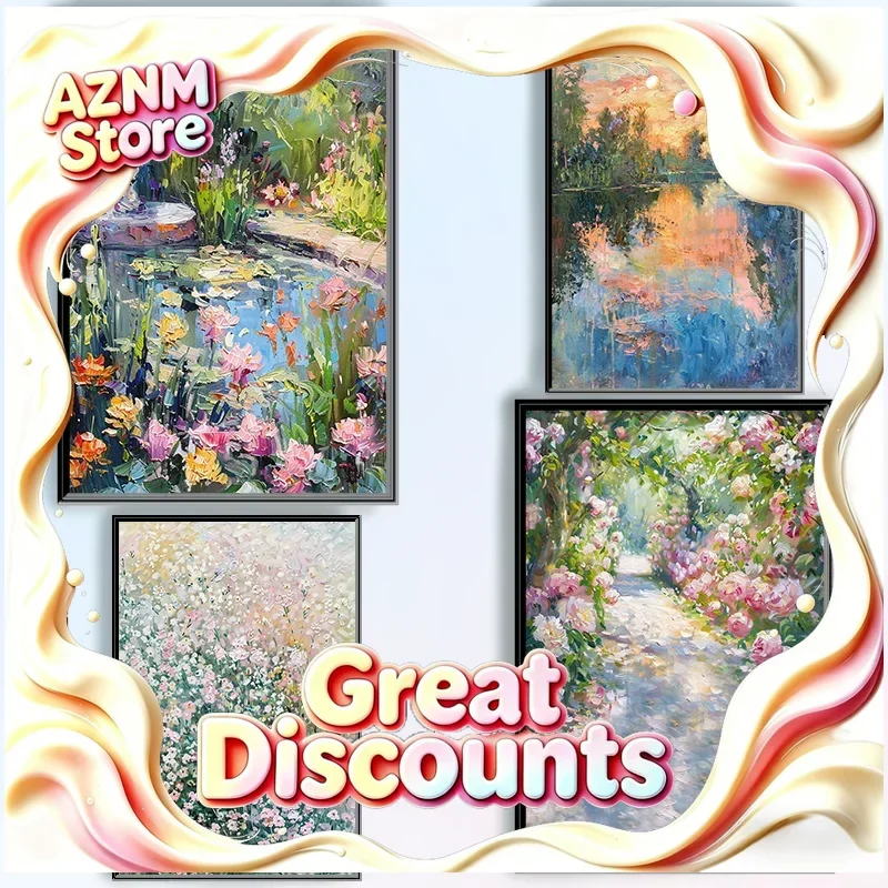 Impasto Monet Vibrant Naturalistic Scenery Vibrant Color Spring Fountain Pink Garden Poster Home Modern Wall Art Canvas Paint