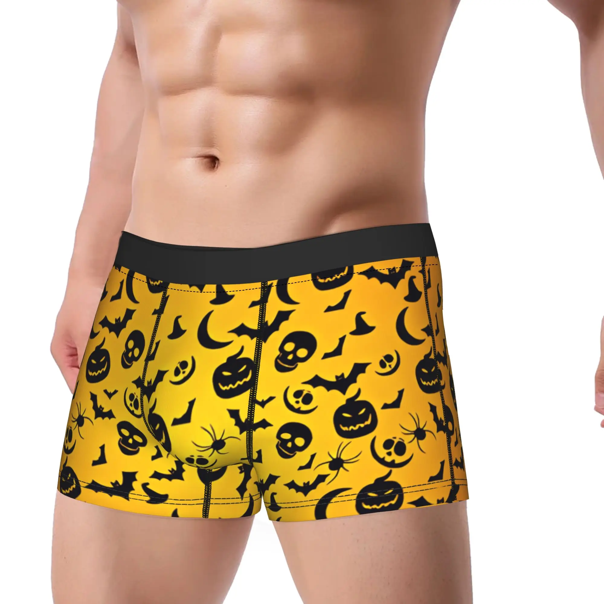 Halloween Pumpkin Skull Bat Spider Moon Silhouette Seamless Pattern Orange Gradient Underwear  Men Panties Print Boxershorts