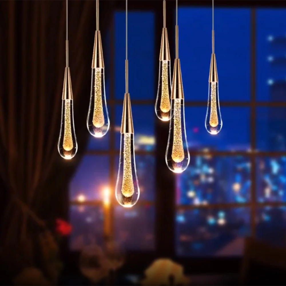 Gota De Água Cristal Criativo Pingente De Luz, LED De Luxo De Estilo Europeu, Vidro Dourado, Iluminação Interior Pendurada, Decoração De Lâmpadas De Restaurante