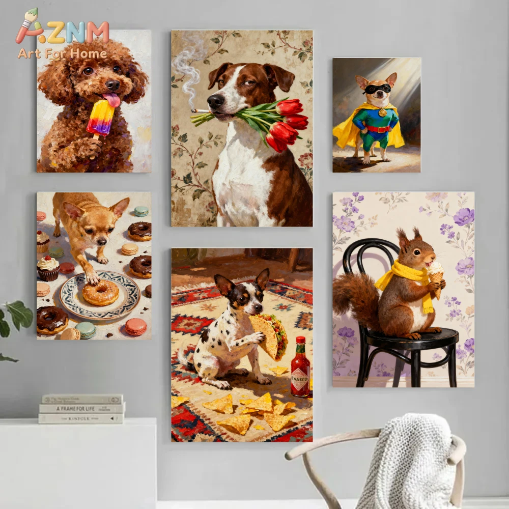 AZNM Funny Cute Pet Dog Squirrel Canvas Wall Art, Whimsical Animal Food Dessert Oil Painting, Retro Floral Aesthetic Home Room D