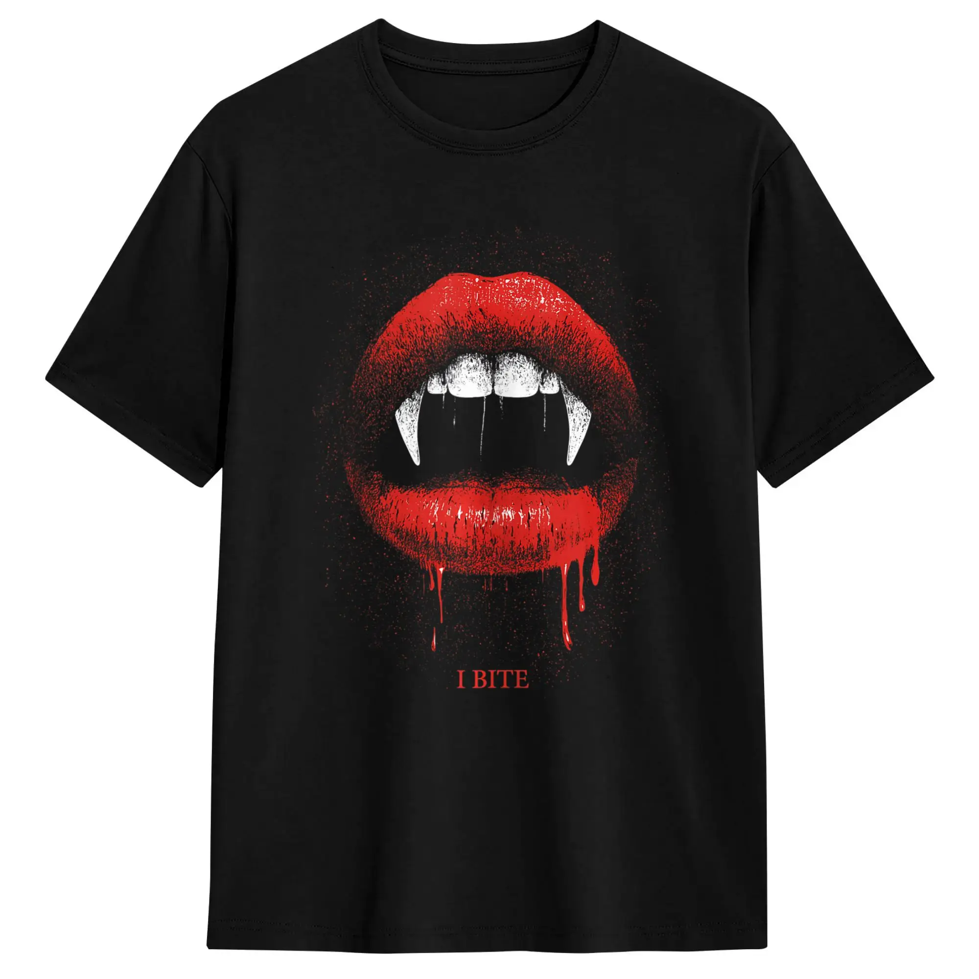 I Bite Vampire Fangs Teeth Red Lips Spooky Halloween T-Shirt Summer  Vintage T Shirts 100% Cotton Trendy Cool Tshirt For Adult