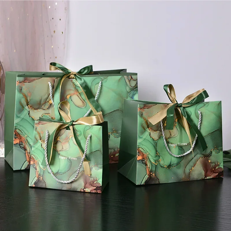 1-20PCS Gift Bags New Marbled Gift Bags INS Fashion Tote Bag with Ribbon Packaging Bag Clothing Paper Shopping Bags Candy Bags