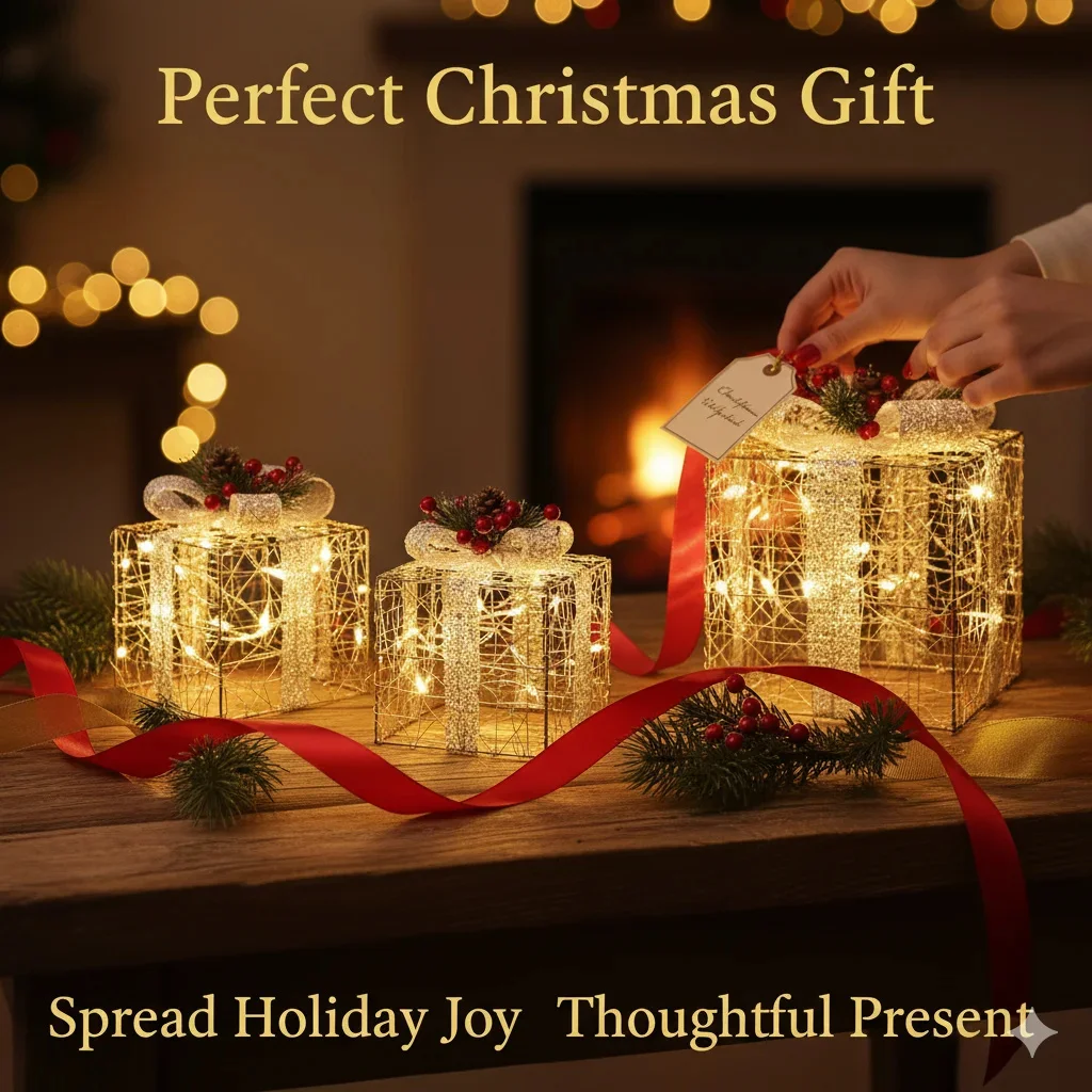 

3PCS LED Christmas Gift Boxes Lighted Present Decor Set With Bows Pine Cones Berries For Indoor Home Party Table Display