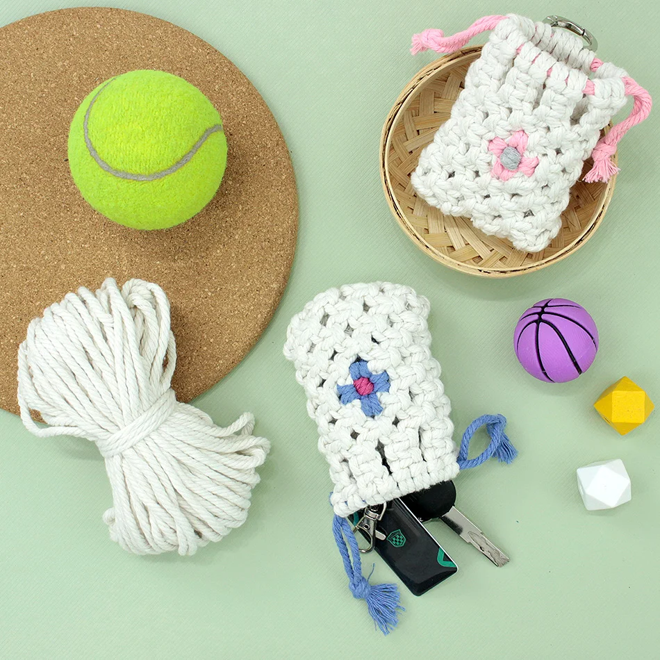 Boho Daisy Earphone Storage Bag Macrame DIY Kit Polyester Handmade Woven Pouch Multicolor Portable Key Ring Craft Set for DIY