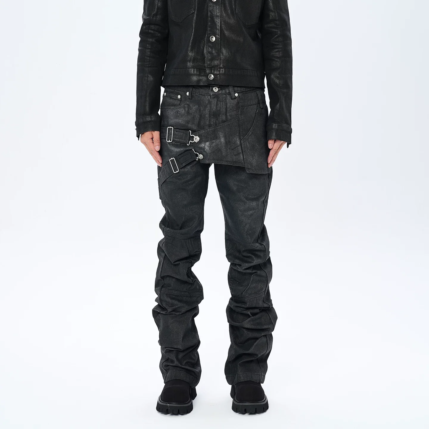 Owen Seak Men‘s Oil Wax Jeans Denim Gothic Classic Men Coated Casual Flared Trousers High Street Solid Designer Luxury Pants