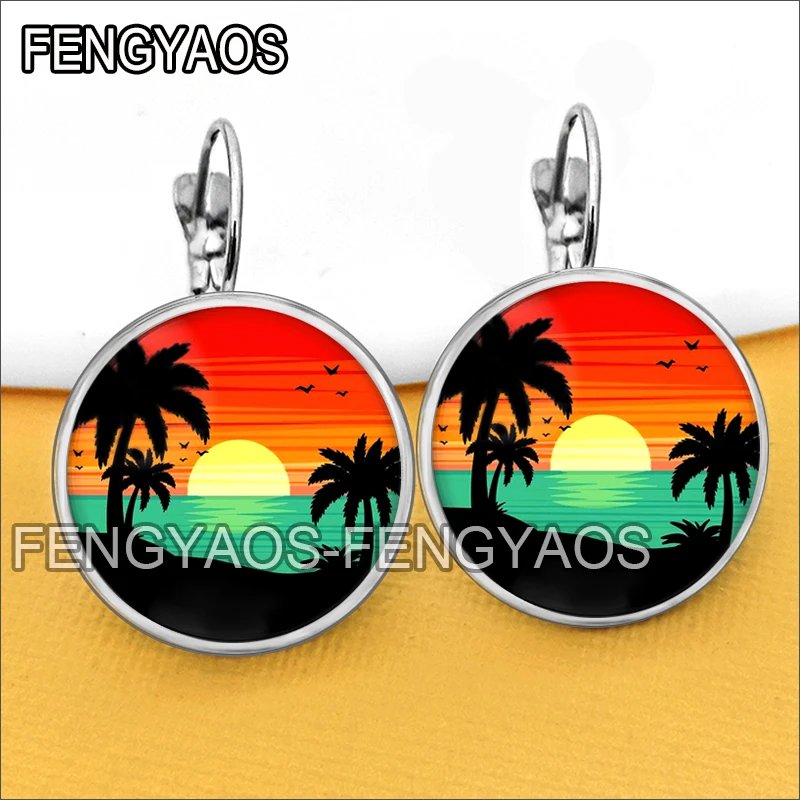 Beautiful Maldives Scenery Stud Earrings Ocean Landscape Earring Glass Cabochon Beach Coconut Tree French Hook Ear Jewelry