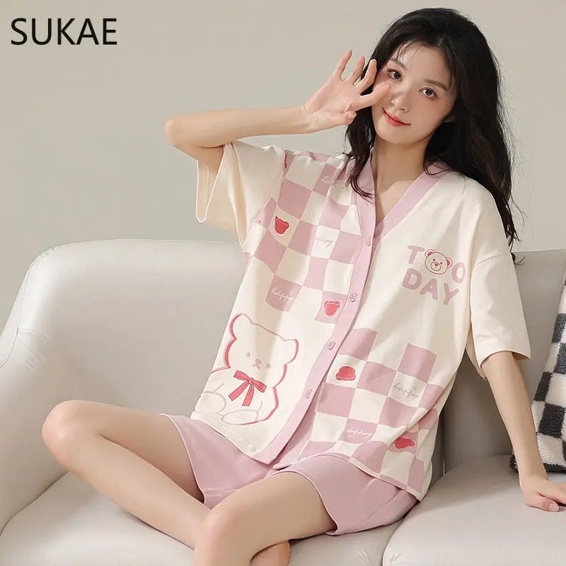 SUKAE 100% Cotton Women's Pajamas Sets Kawaii Kimono Style V-neck Cartoon Sleepwear Young Lady Homewear Fashion Comfy Pijamas